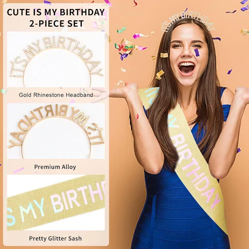 Vista 4 de Coronas de cumpleaños para mujer, juego de banda y diadema de cumpleaños, banda y tiara de cumpleaños de princesa, regalos de cumpleaños