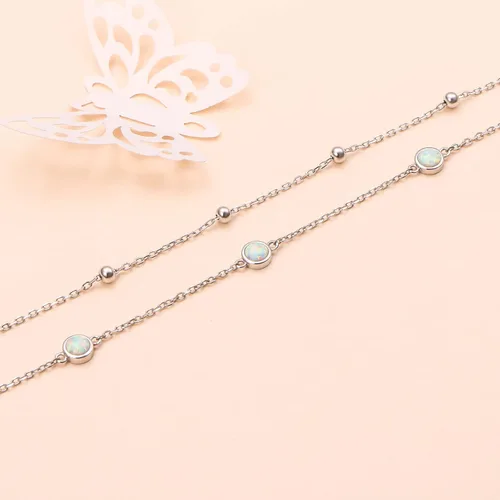 Vista 2 de FLYOW Tobillera para mujer de plata de ley S925 ajustable con cuentas de corazón con dije de corazón