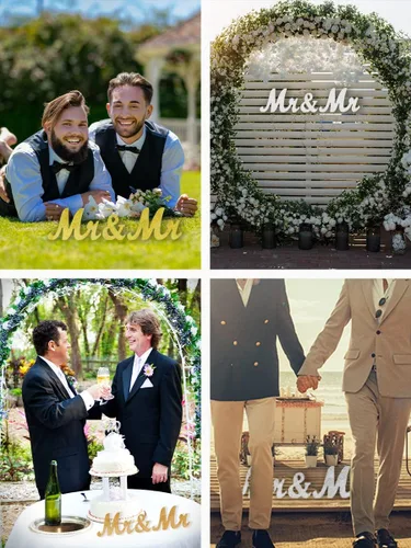 Vista 5 de Mandala Crafts Letrero de boda de hombres gay de madera dorada para decoraciones de boda gay, letrero de boda gay para decoraciones de boda LGBT