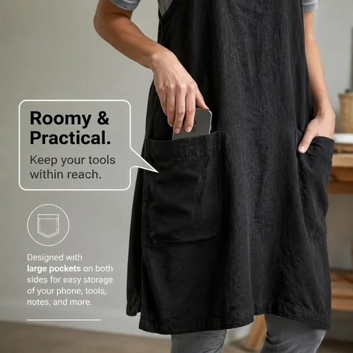 Vista 8 de Delantal Pinafore con espalda cruzada con bolsillos, delantal de lino y algodón, talla grande Negro
