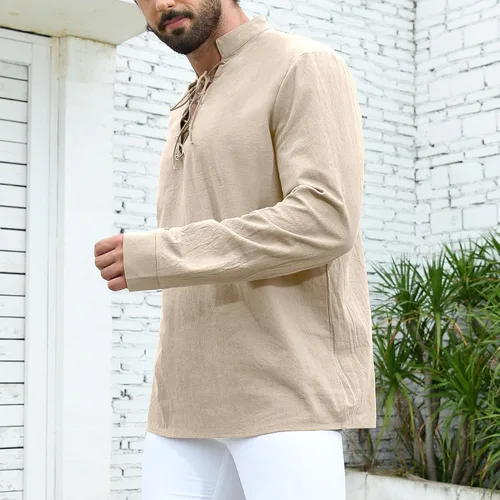 Vista 4 de Camisa medieval renacentista pirata para hombre, manga larga, vikinga, gótica, steampunk, Halloween, cosplay, fiestas
