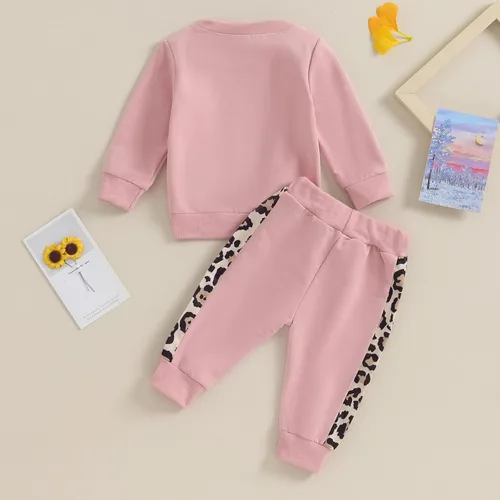 Vista 4 de Covvoliy Ropa de otoño e invierno para bebé niña, sudadera con capucha y pantalones con estampado de leopardo, 2 piezas