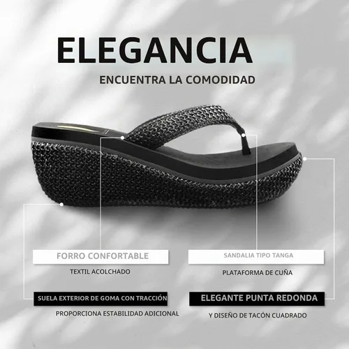Vista 3 de Volatile Sandalias de cuña para mujer con plataforma de tanga sin cordones con plantilla de EVA y suela de goma Negro Raffia