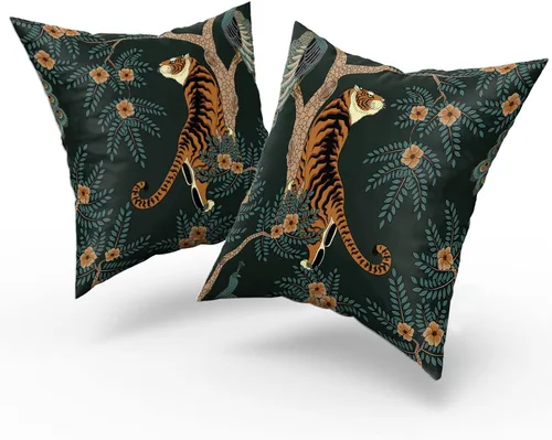 Vista 2 de Juego de 2 fundas de almohada de tigre, de algodón, con diseño de animales de bosque de pavo real, decorativas, para dormitorio, sofá, sala