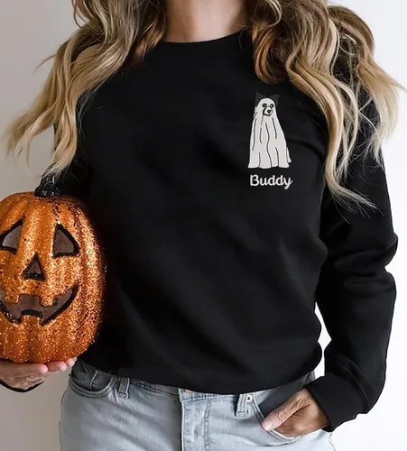 Vista 3 de IZI POD Personalized Embroidered Ghost Dogs Halloween Sweatshirt, Custom Dog Name, Dog Breed