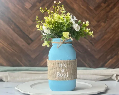 Vista 2 de It's a Boy Centros de mesa para mesas, centro de mesa de baby shower, tarro envejecido pintado a mano de 32 onzas, decoración rústica de granja