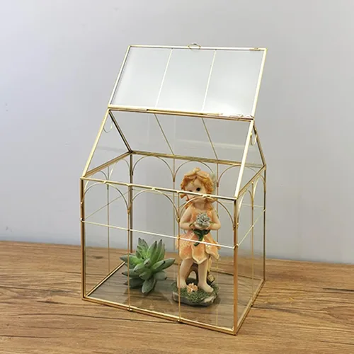 Vista 4 de HighFree Terrario geométrico para plantas con tapa, kit de terrario para suculentas para exhibición, plantas de aire, suculentas, terrario en Dorado
