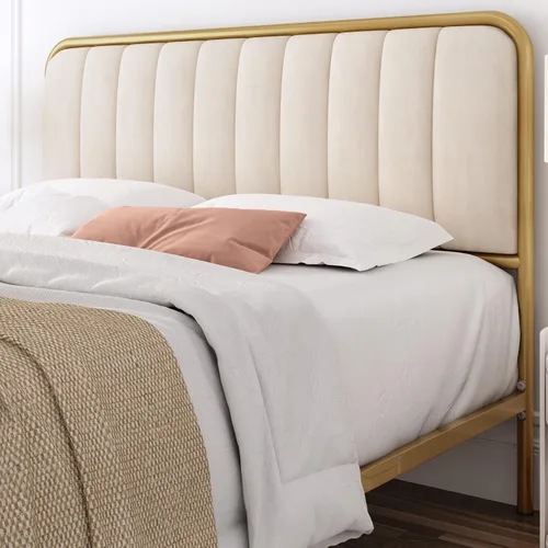 Vista 4 de HITHOS Base de cama tamaño completo con cabecera tapizada con botones, base de colchón de metal tapizado y de alta resistencia con listones