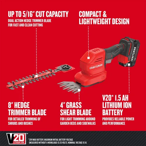 Vista 4 de CRAFTSMAN V20 - Cortadora de césped de mano inalámbrica, cortasetos y kit de batería