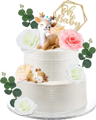 Vista 9 de Taiyin Oh Baby Cake Toppers para baby shower, lindos adornos para tartas de ciervos, flores de animales femeninos, decoración de tartas, pequeñas