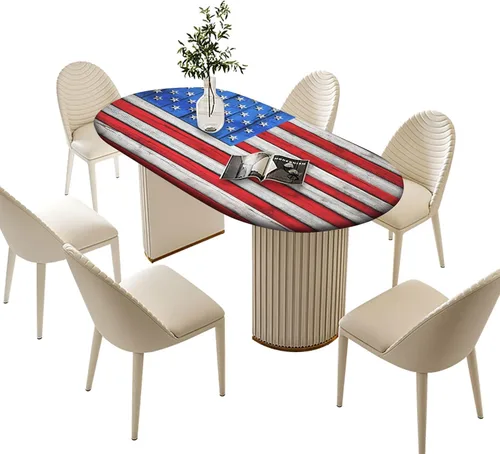 Vista 3 de Mantel de mesa ovalado con bandera estadounidense, mantel con bandera estadounidense sobre madera, cubierta elástica ajustada para el día