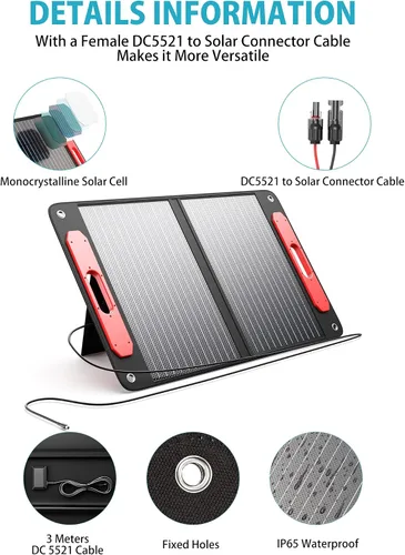 Vista 7 de ELECAENTA Panel Solar Portátil de 75W para Estación de Energía, Conversión del 24%, PD45W USB C/QC3.0, ETFE Monocristalino con Soporte Plegable IPX5