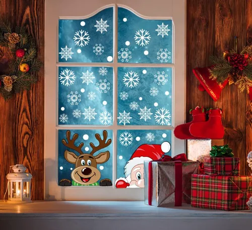 Vista 4 de VEYLIN 6 hojas de 300 calcomanías de ventana de Navidad, copo de nieve, reno, Papá Noel, calcomanías para ventana de Navidad