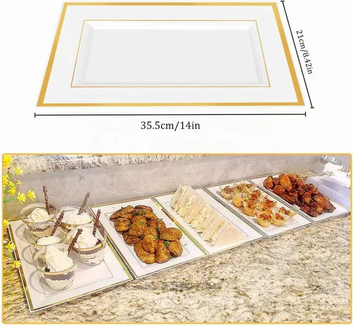 Vista 5 de Mwellewm 12 bandejas de plástico blanco para servir con borde dorado, bandejas rectangulares de postre de 14 x 9 pulgadas para mesa de postre