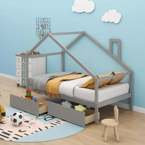 Vista 16 de Cama de madera maciza tamaño individual con techo, nido, 3 cajones de almacenamiento, sofá cama de plataforma para muebles de dormitorio, sala