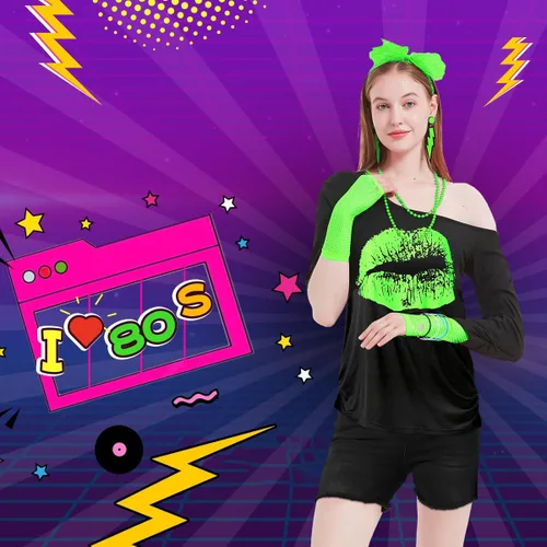 Vista 4 de WILDPARTY Accesorios de trajes de los años 80 para mujer, camiseta, diadema, aretes, collar, guantes de red, calentadores de piernas para fiesta