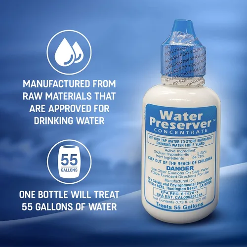 Vista 2 de Concentrado preservador de agua de 55 galones (5 años) Gotas de tratamiento de agua - Tratamiento de agua para agua potable - Mayday Emergencia Agua