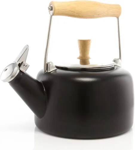 Vista 8 de Chantal SVEN - Tetera silbante esmaltada sobre acero con mango de madera natural, 1.4 cuartos de galón (negro 2)