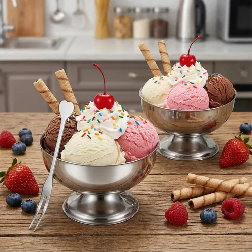 Vista 7 de Vasos de postre de acero inoxidable, cuencos con patas de helado de 5.5 onzas con tenedores, tazas plateadas para servir, mini cuencos de postre