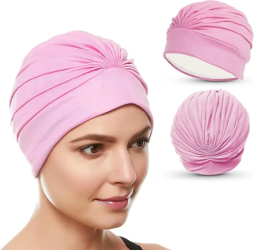 Vista 16 de BEEMO Gorros de natación para mujer, turbante de natación, de poliéster, con forro de látex, plisado para mujer Negro