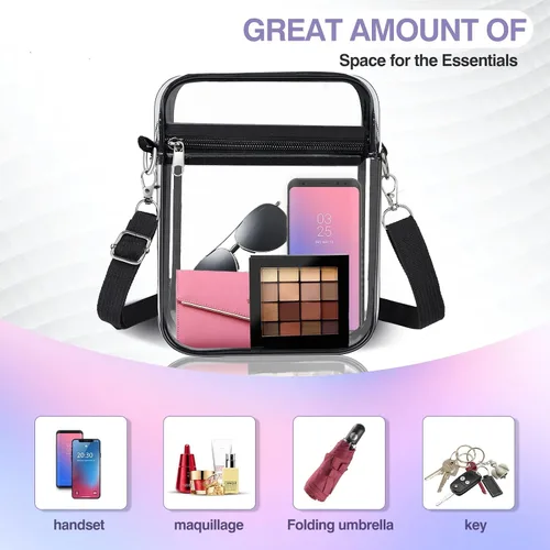 Vista 5 de Bolsa transparente aprobada para estadios, bolsa cruzada transparente, con correa de hombro ajustable para mujer, con bolsillo frontal