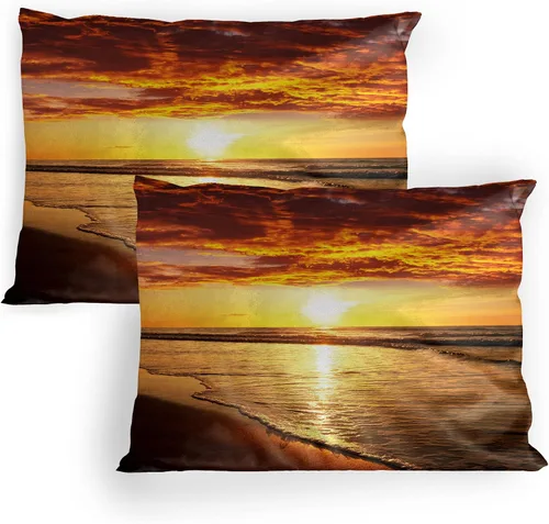 Vista 20 de Lunarable Ocean Pillow Sham Set of 2, Sunset at a Smooth Sandy Beach with Small Wave and Bubbles from The Sea, Quality Microfiber Bedding Item for