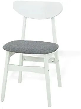 Vista 3 de Yumiko - Juego de 6 sillas de comedor y mesa redonda extensible, de madera maciza moderna con asiento acolchado, color blanco con cojín gris claro