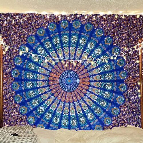 Vista 18 de raajsee - Tapiz azul y naranja con mandala - Mejor colgante de pared con mandala - Tapiz para la cama para dormitorio estético - Tamaño póster