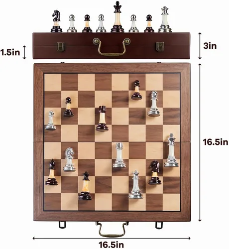 Vista 3 de Juego de ajedrez de lujo de 16.5 pulgadas, tablero de ajedrez plegable grande de madera con asa, piezas de ajedrez acrílicas con peso - Rey de 3.5