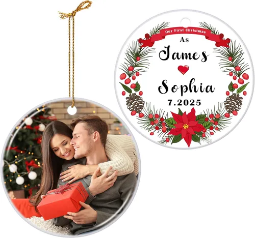 Vista 29 de Adornos de Navidad Personalizados 2025 de Cerámica con Imagen y Texto Personalizados, Ornamento Colgante, Decoraciones Personalizadas para Árbol