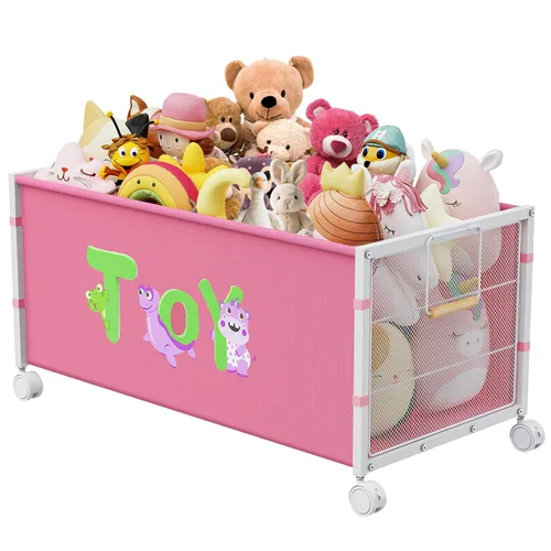 Vista 9 de Caja grande de juguetes para niños con ruedas, 120L Cajas de juguetes para niños extra grandes de metal y tela Oxford, cofre de juguetes organizador