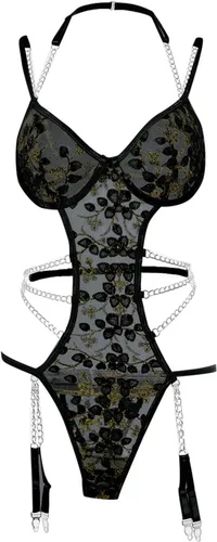 Vista 5 de SDZXC Body sexy de encaje para mujer, malla con bordado floral, liguero liguero liguero con anillo para las piernas para mujer (5-negro, M)