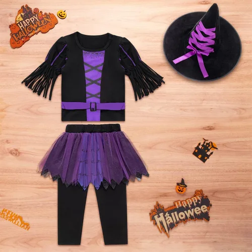 Vista 2 de Conjunto de falda de Halloween para niña pequeña con sombrero de cuento de hadas verde y morado