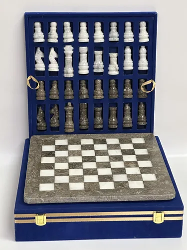 Vista 7 de NB - Juego de ajedrez de mármol hecho a mano de 12 pulgadas con caja de regalo de terciopelo azul, elegante tablero de ajedrez de piedra con juego