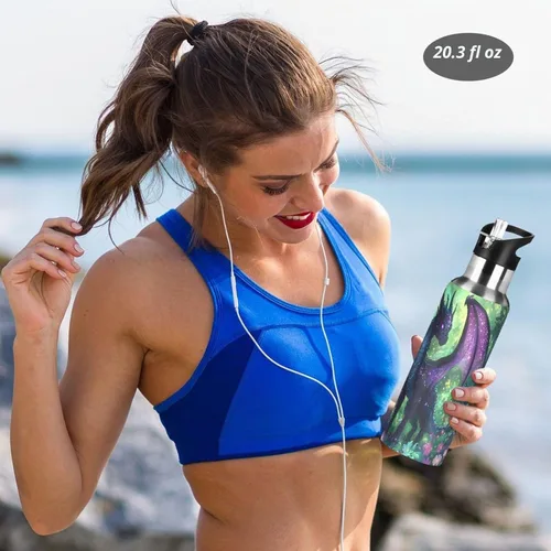 Vista 5 de Purple Dragon Botella de Agua para Niños Aislada Deportiva al Vacío de Acero Inoxidable con Tapa de Pajita y Asa 20 oz a001