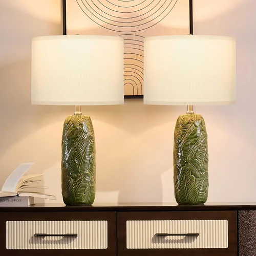 Vista 5 de EUO Juego de 2 lámparas verdes de 25 pulgadas con diseño de hojas para sala de estar, dormitorio, lámparas de mesa de cerámica retro para mesita