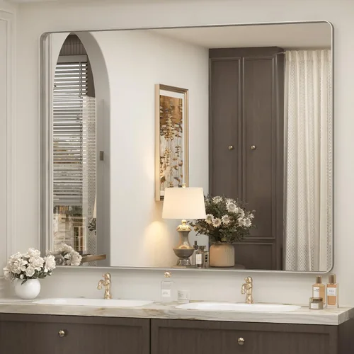 Vista 38 de Paquete de 2 espejos de baño con marco de metal negro de 22 x 30 pulgadas, espejo rectangular redondeado negro mate, antioxidante, se cuelga
