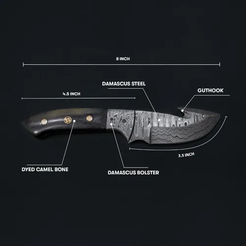 Vista 3 de Titan International Knives Gancho de tripa de Damasco para desollar y cazar hoja fija Hecho a mano 1095 4340 mezcla de carbono machacado a mano