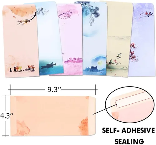 Vista 5 de Stationary - Juego de papel de escritura japonés de papelería, paquete de 48 papeles y sobres, diseño de pintura a tinta, 48 papeles fijos + 24