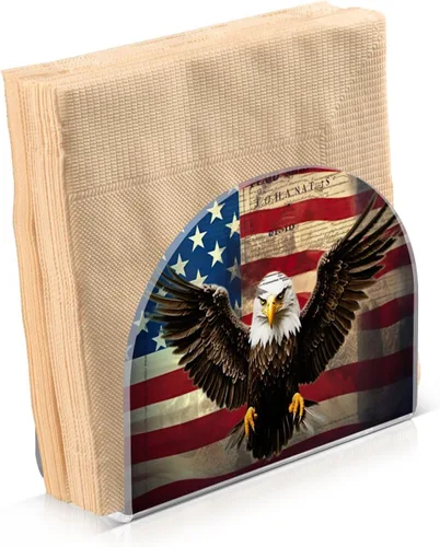 Vista 2 de Qilmy Servilletero con bandera estadounidense y águila para mesas, servilleteros para cocina, servilleteros de mesa, servilleteros de cóctel