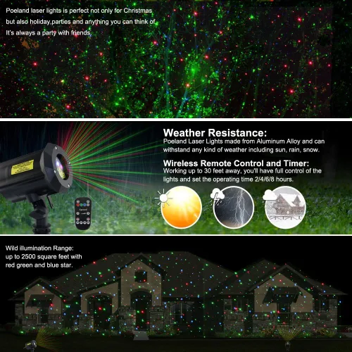 Vista 5 de Poeland Luces láser de Navidad para jardín al aire libre, iluminación decorativa impermeable con cerradura de seguridad, 3 colores rojo, verde, azul