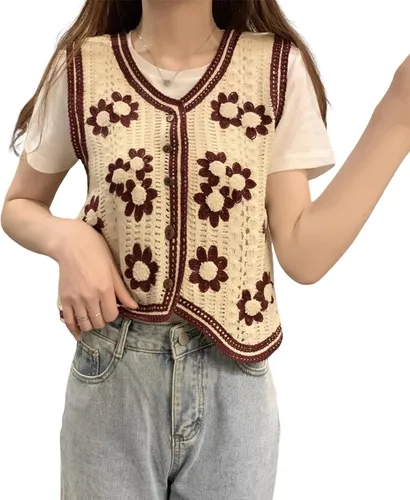 Vista 5 de Chaleco de punto sin mangas con cuello en V para mujer, chaleco corto estampado con botones