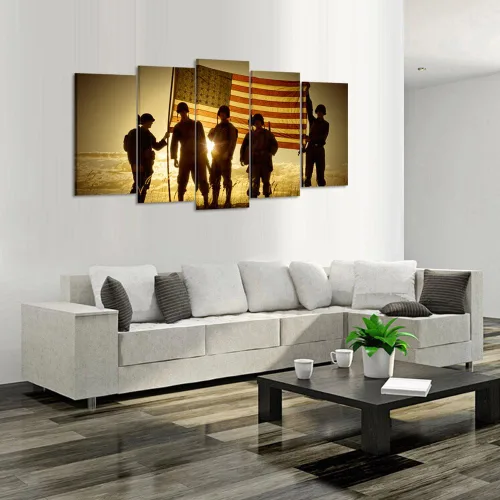 Vista 3 de KREATIVE ARTS - 5 paneles de silueta de soldados con bandera estadounidense, lienzo impreso de arte de pared, arte de pared vintage de las fuerzas