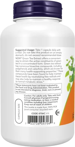 Vista 3 de Suplementos NOW Foods, extracto de té verde 400 mg con vitamina C para dieta, protección celular*, 250 cápsulas vegetales
