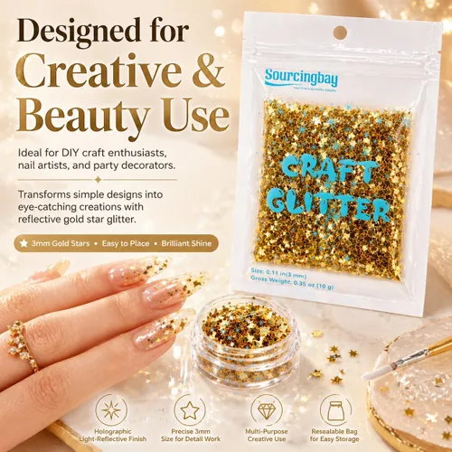 Vista 7 de Sourcingbay Brillo holográfico de estrella de 0.118 in, 0.35 oz, oro láser Dorado