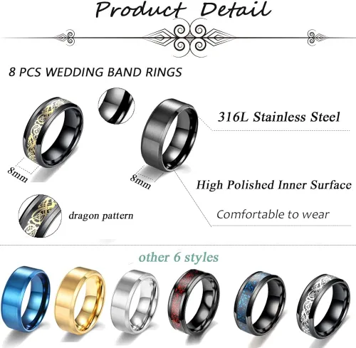 Vista 4 de MOZAKA Juego de 12 anillos giratorios de cadena de acero inoxidable de 0.315in para hombres y mujeres, patrón de dragón, pulido, boda, liberación
