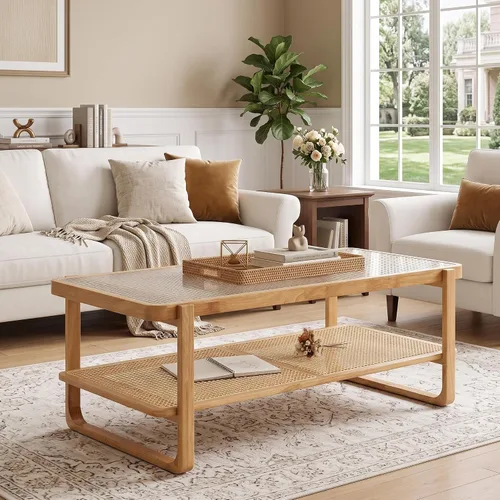 Vista 3 de TesNus Mesa de centro de madera maciza, moderna mesa de centro de ratán con estante de almacenamiento de 2 niveles, mesa de centro rectangular