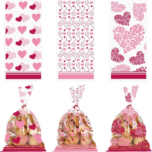 Vista 7 de 150 bolsas de celofán para el día de San Valentín, bolsas de regalo de celofán con corazón de cupido rojo, bolsas de regalo de celofán transparentes
