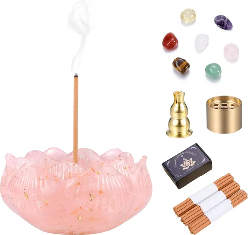 Vista 4 de Jovivi Crystal Incense Holders Set,Rose Quartz Lotus Resin Burner Rose Quartz Crystal
