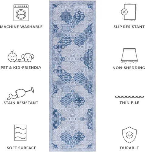 Vista 8 de SAFAVIEH Tucson Collection - Alfombra lavable de 2 pies 6 pulgadas x 8 pies, gris y azul marino, antideslizante, ideal para zonas de alto tráfico